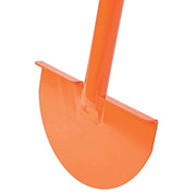Closeup front view of orange half-moon edger blade with footrest tabs.