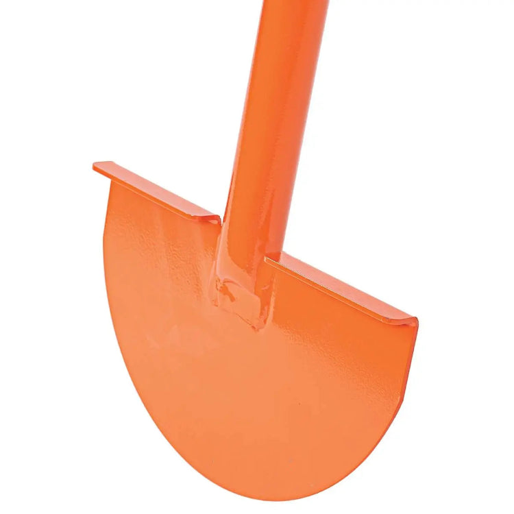 Closeup front view of orange half-moon edger blade with footrest tabs.