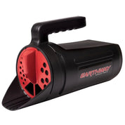 Earthway Earthshaker hand spreader, black housing with red rotary dial, side view.