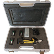 Cordless pruner with three batteries and charger, all inside a gray carrying case.
