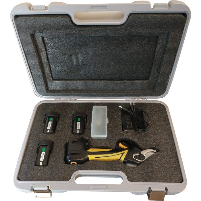Cordless pruner with three batteries and charger, all inside a gray carrying case.
