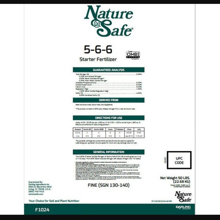 Nature Safe 5-6-6 Starter Fertilizer: 50 lb bag, OMRI Listed, derived from meat & bone meal, blood meal, and langbeinite.
