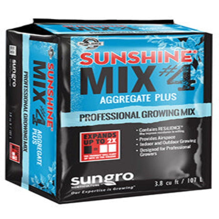Sungro Sunshine Mix #4 Aggregate Plus: 3.8 cu ft professional growing mix, expands up to 2x, with RESiLIENCE for superior drainage and aeration.
