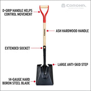 Feature callouts on Corona shovel: D-grip handle, ash hardwood, extended socket, anti-skid step, 14-gauge boron steel blade.