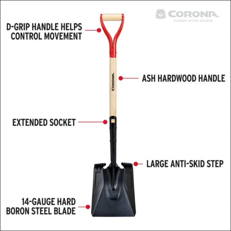 Feature callouts on Corona shovel: D-grip handle, ash hardwood, extended socket, anti-skid step, 14-gauge boron steel blade.