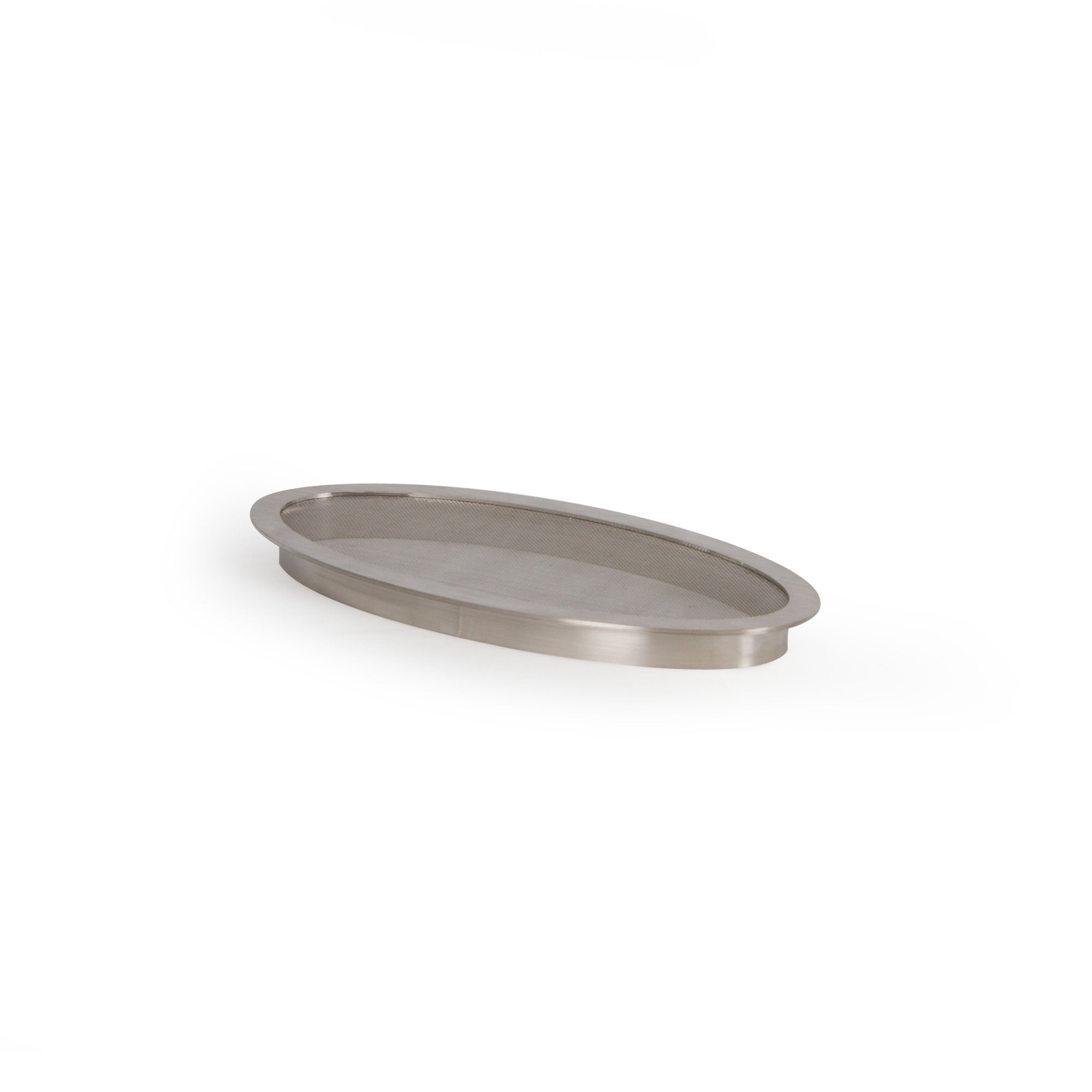 Oval stainless steel splash ring with fine mesh filter, shown on white background.

