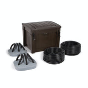 Shallow Water Aeration System: Brown aeration system cabinet, two grey weighted bases, and two spools of black aeration tubing.
