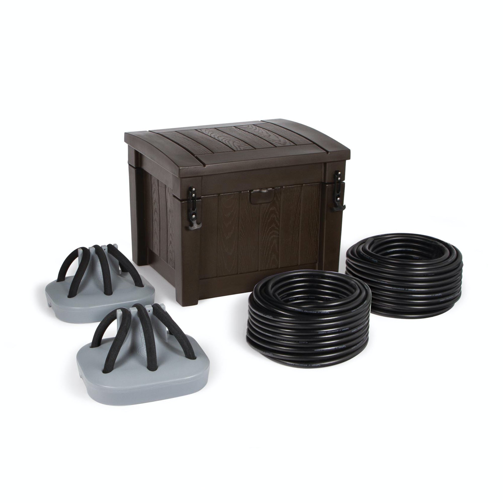 Shallow Water Aeration System: Brown aeration system cabinet, two grey weighted bases, and two spools of black aeration tubing.
