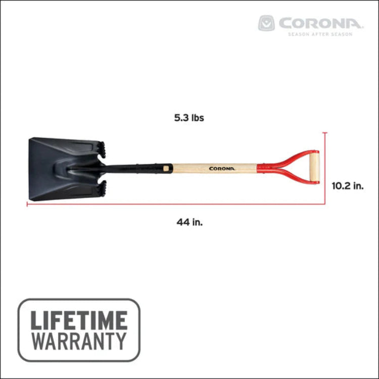 Dimensions of Corona Boron square point shovel: 44 in length, 5.3 lb weight, 10.2 in blade, lifetime warranty.