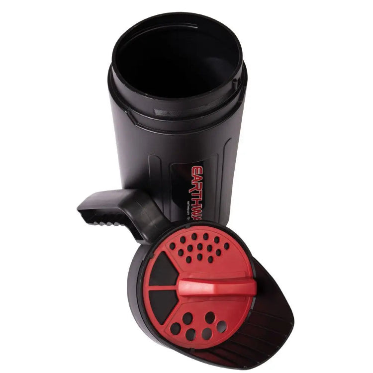 Earthshaker hand spreader top view showing red rotary dial and dispense hole pattern.