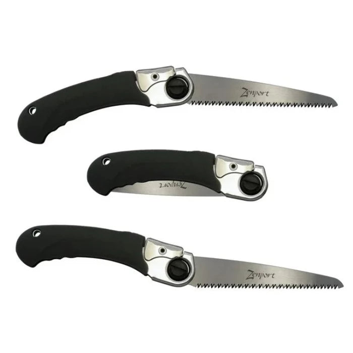 Folding pruning saw with black handle, 5-inch blade.
