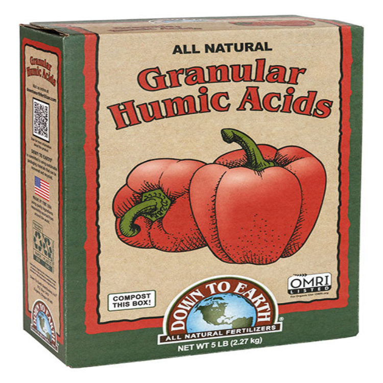 Down To Earth Granular Humic Acids 5 lb cardboard box with red bell pepper illustration, OMRI listed.