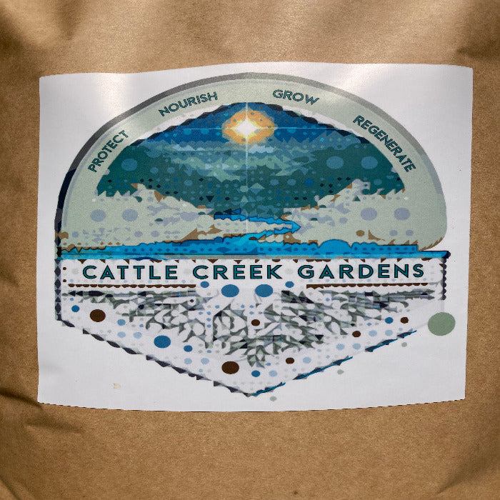Cattle Creek Gardens Organic Worm Castings label:  Nourish, grow, regenerate your garden with this premium organic fertilizer.
