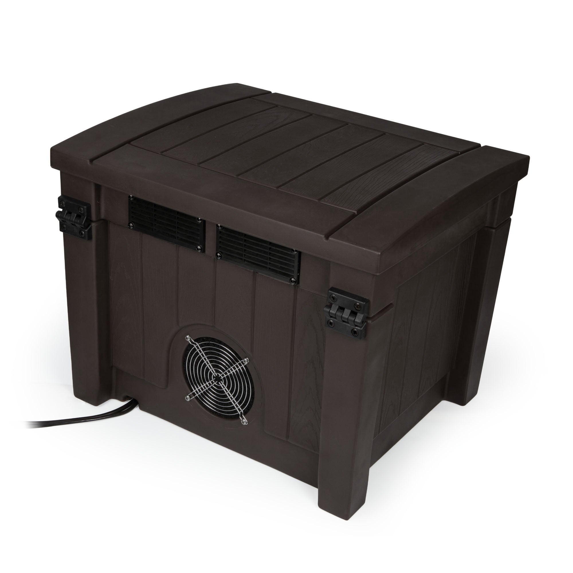 Dark brown plastic aeration system with a fan and vents, for pond or water feature.
