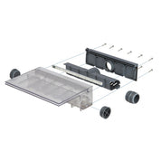Color-changing waterfall components: disassembled view showing clear acrylic water channel, gray housing, LED light bar, and installation hardware.
