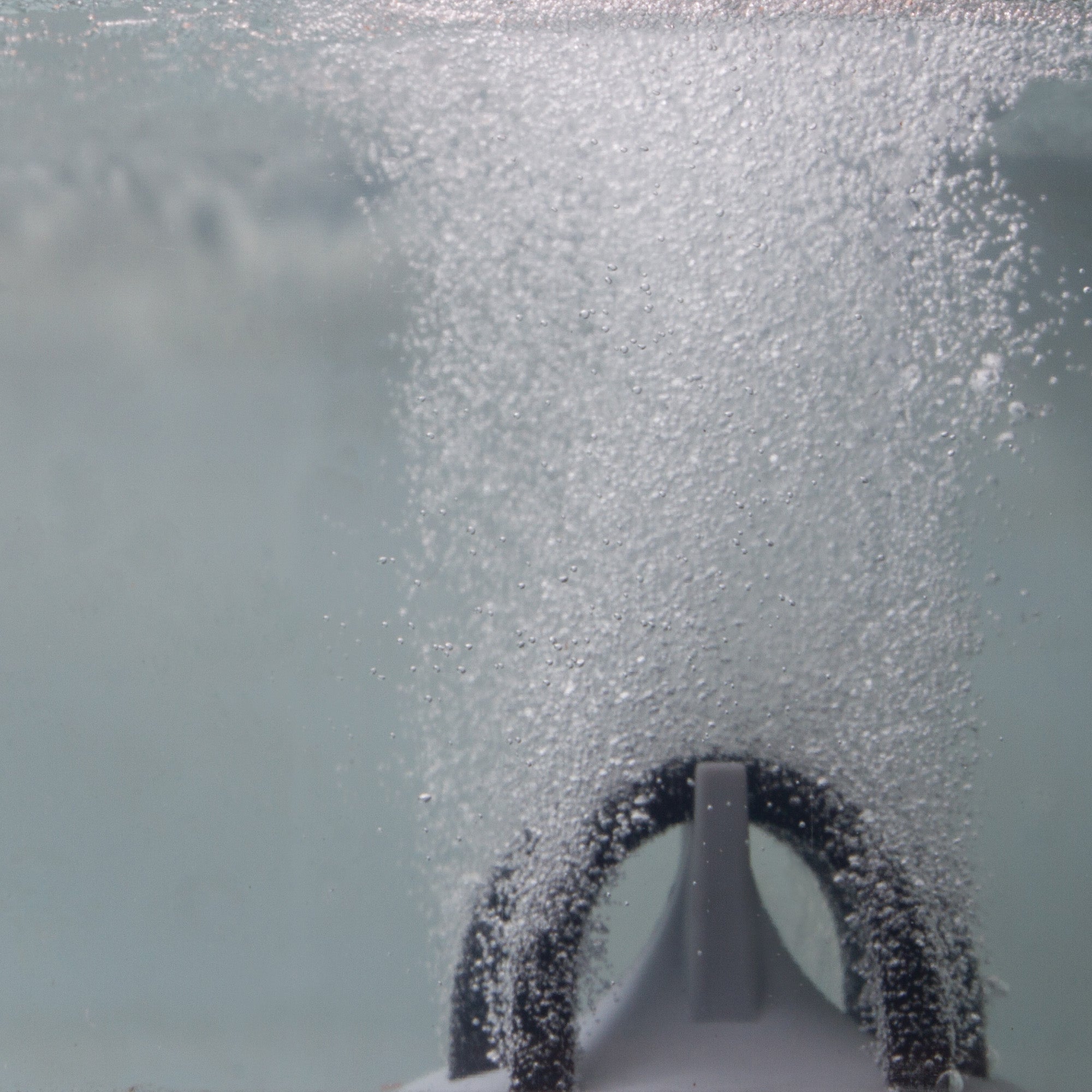 Close-up of aeration system releasing tiny bubbles into water.
