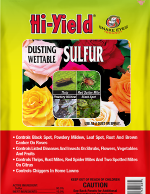 Hi-Yield Dusting Sulfur Wettable: 4 lb bag controls black spot, powdery mildew, & pests on roses, shrubs, & more.
