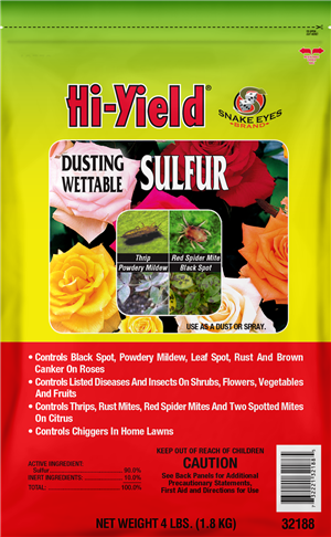 Hi-Yield Dusting Sulfur Wettable: 4 lb bag controls black spot, powdery mildew, & pests on roses, shrubs, & more.
