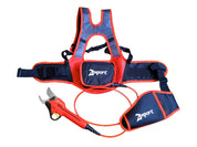 Cordless electric hand pruners with harness, ideal for overhead trimming.
