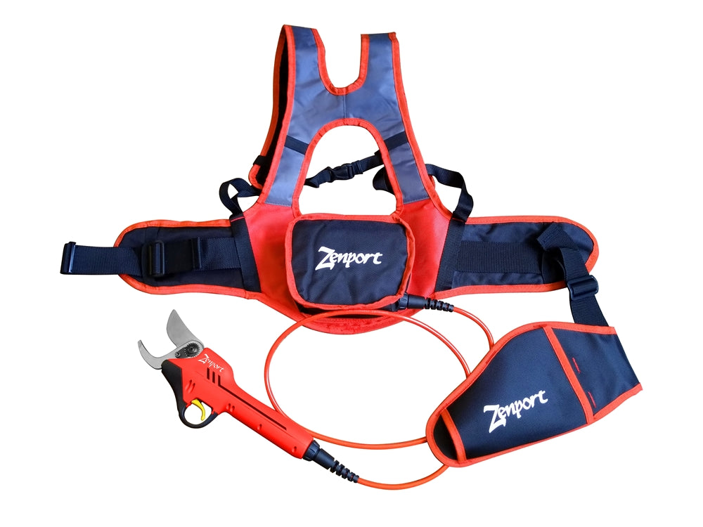 Cordless electric hand pruners with harness, ideal for overhead trimming.
