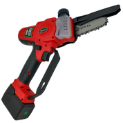 Red cordless chainsaw with 4-inch blade, showcasing battery and oil reservoir.
