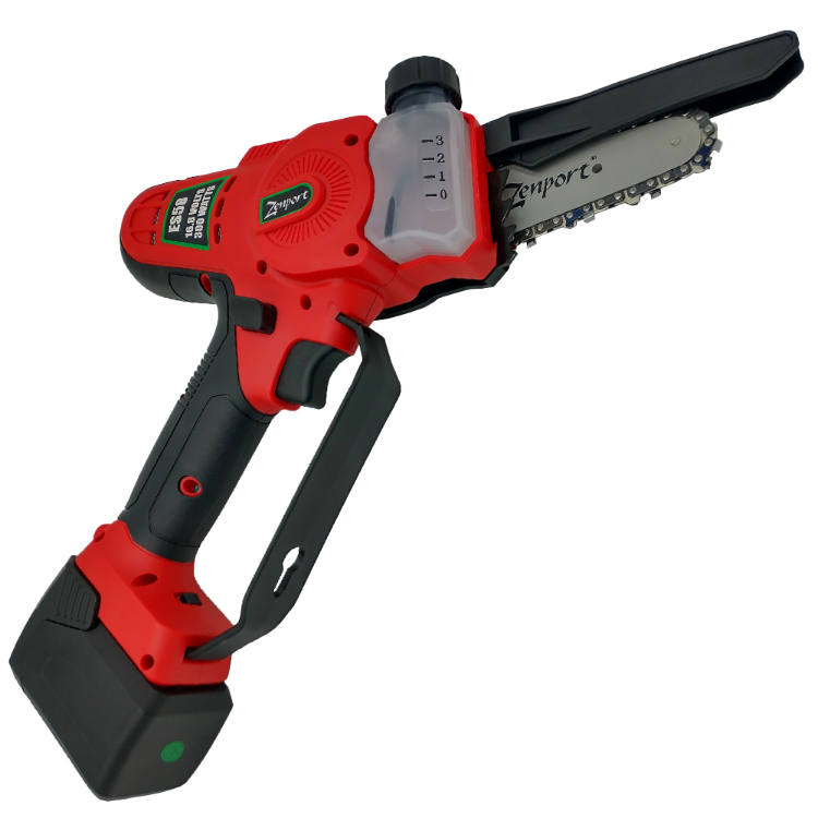 Red cordless chainsaw with 4-inch blade, showcasing battery and oil reservoir.
