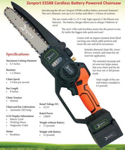 8-inch cordless chainsaw with 25.2V battery, shown with carrying case and accessories.
