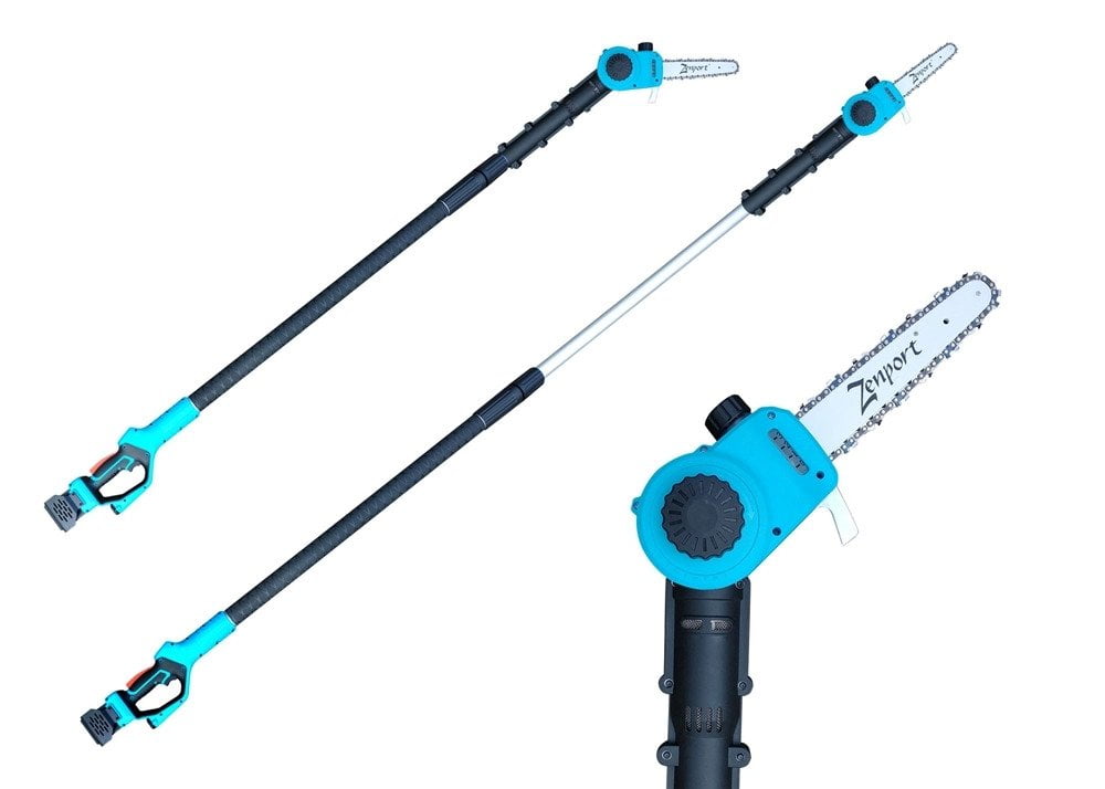Zenport 3.5m cordless pole chain saw: battery-powered, lightweight, easy high-reach pruning.
