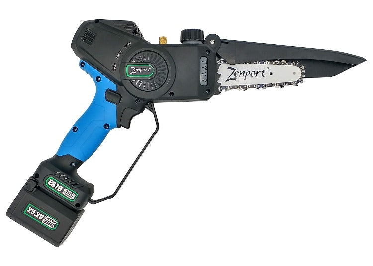 Zenport 6" cordless chainsaw with 25.2V battery, ideal for one-handed pruning.
