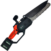 8-inch cordless chainsaw with 25V battery, showcasing a black and orange design.
