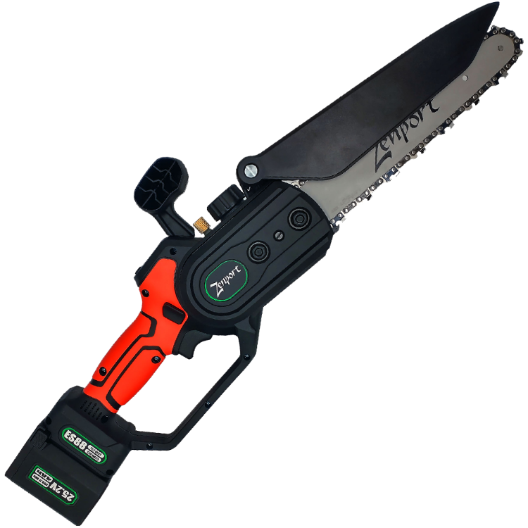 8-inch cordless chainsaw with 25V battery, showcasing a black and orange design.
