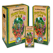 Available sizes of Down To Earth Flower Garden 2-6-5: 1 lb, 5 lb, and 15 lb cardboard boxes grouped.