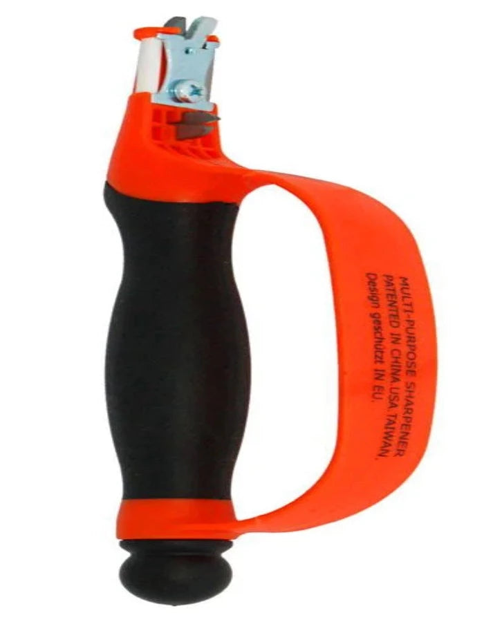 Orange and black handheld sharpener with multiple sharpening slots; patented design.
