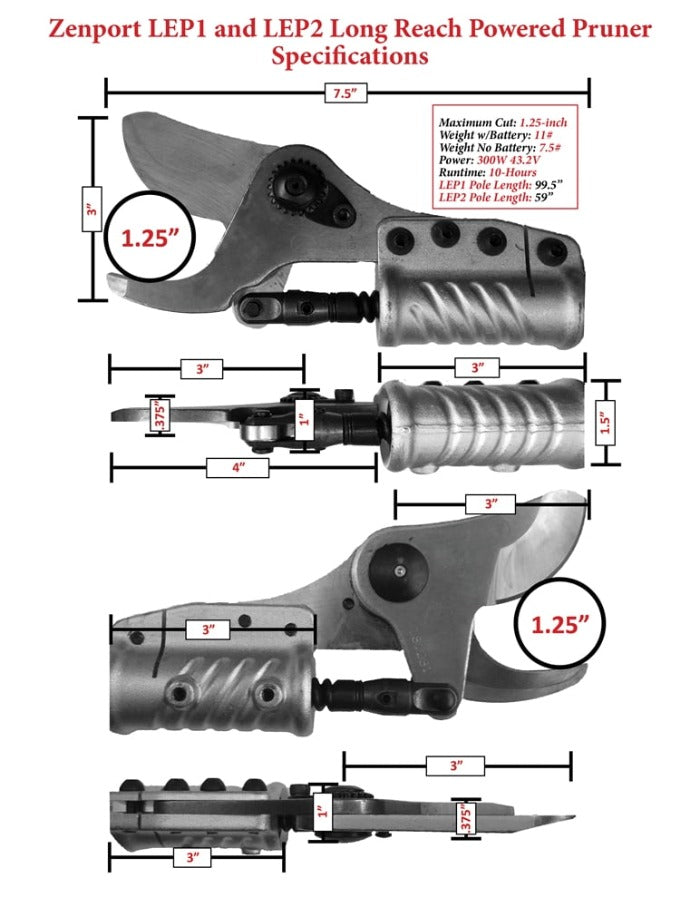 Diagram showing 59-inch long reach pole pruner details, including cutting capacity and dimensions.
