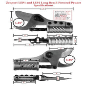 Diagram showing the long reach pole pruner's dimensions and cutting capacity.
