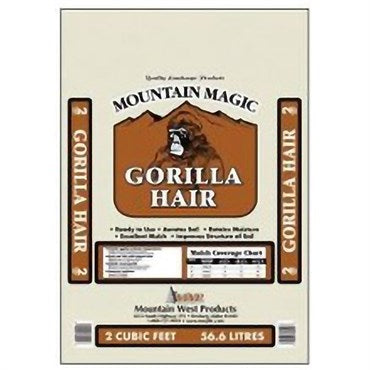 Mountain Magic Gorilla Hair Mulch, 2 cubic feet bag, ready-to-use, retains moisture.
