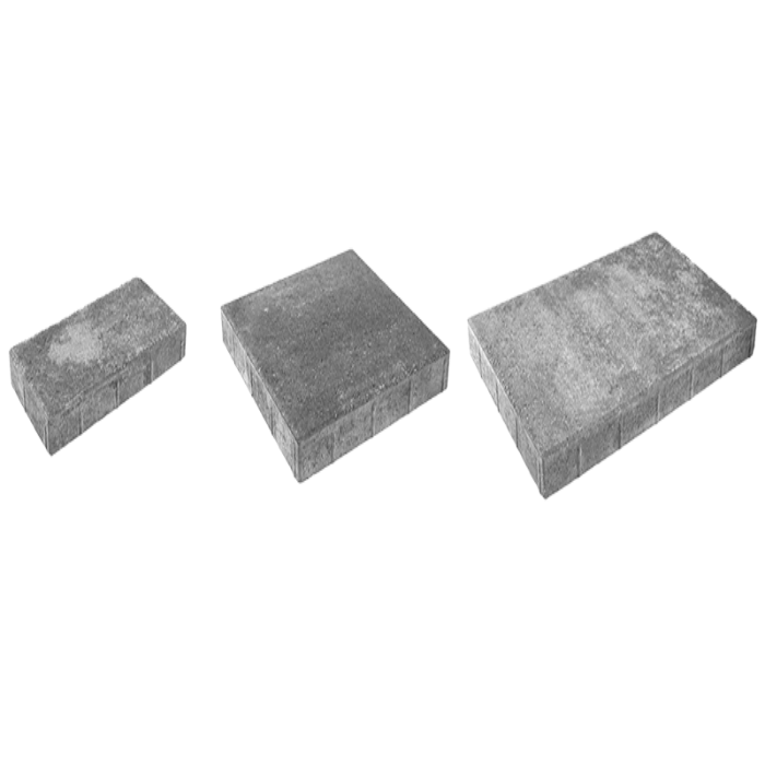 Three gray concrete paving stones of varying sizes, shown against a black background.
