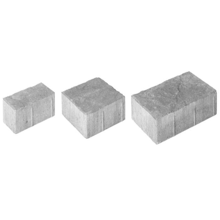 Three gray concrete pavers of varying sizes, ideal for landscaping projects.
