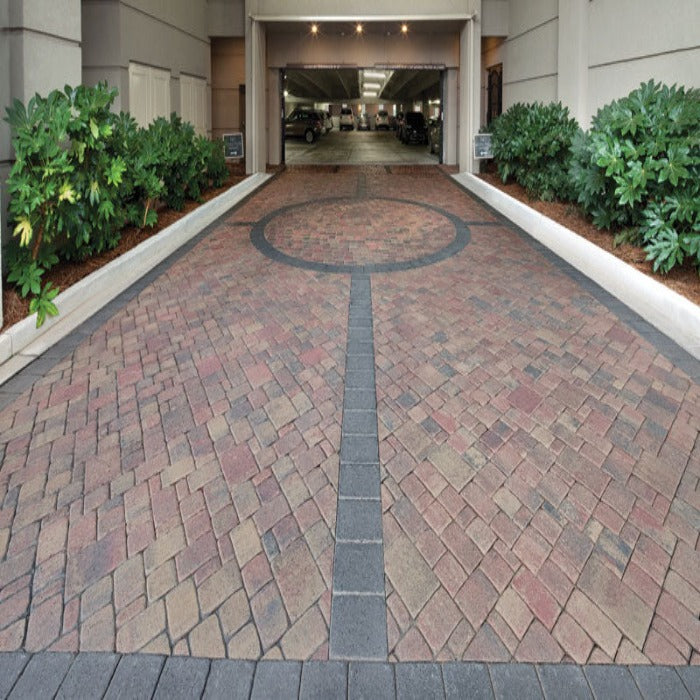 Plaza Giant Rectangle 9x11 pavers, 60mm, multi-color brick pattern driveway design.
