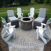 Plaza Rectangle 6x9 paver patio kit, 45mm thickness; gray pavers, white adirondack chairs, fire pit.

