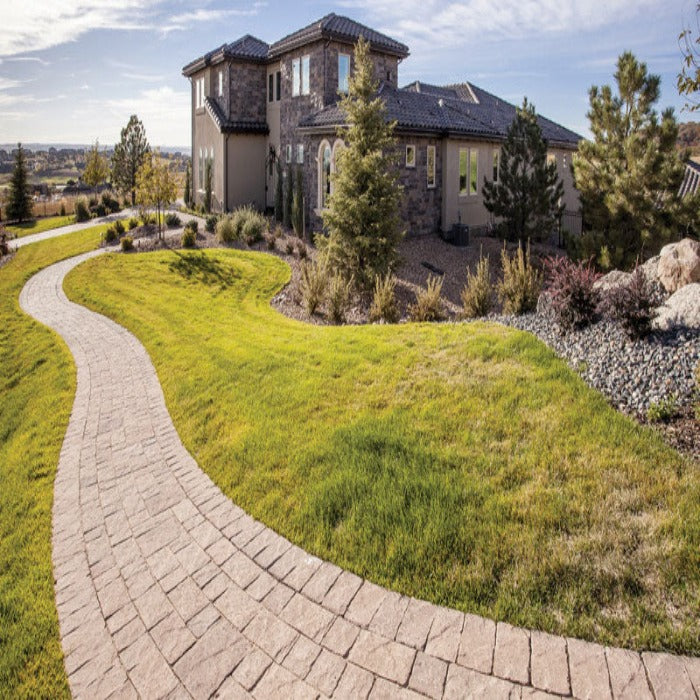 Curving stone pathway beside a luxury home, showcasing landscaping design.
