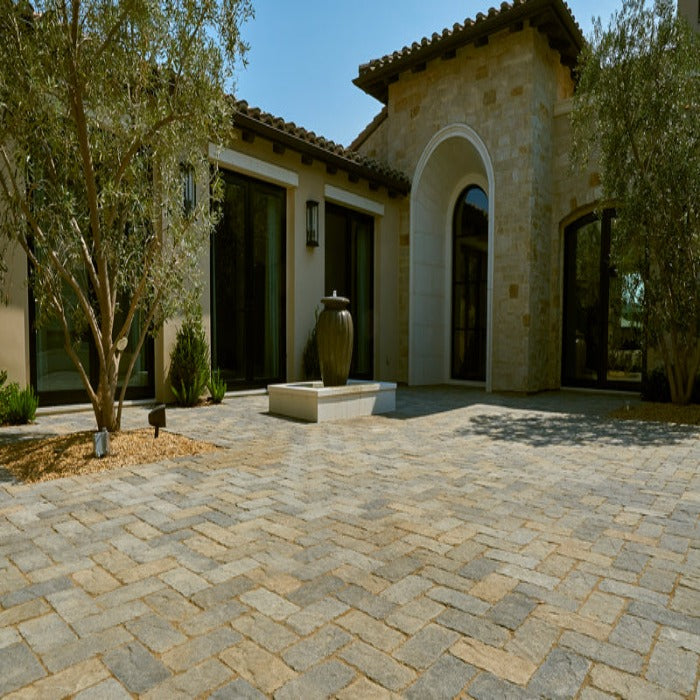 Antiqued pavers create a sophisticated patio setting.
