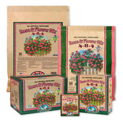 All available sizes of Down To Earth Rose & Flower Mix 4-8-4: small box, 5 lb, 15 lb boxes, and 25 lb bag.