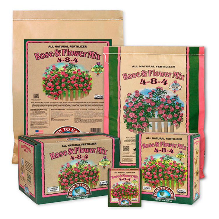 All available sizes of Down To Earth Rose & Flower Mix 4-8-4: small box, 5 lb, 15 lb boxes, and 25 lb bag.