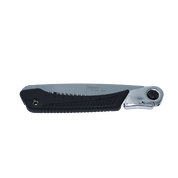 Folding hand saw with textured black grip and silver blade.
