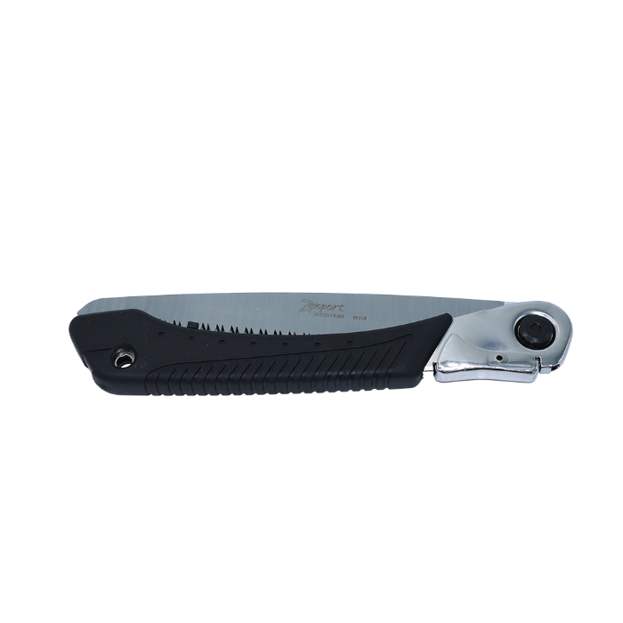 Folding hand saw with textured black grip and silver blade.
