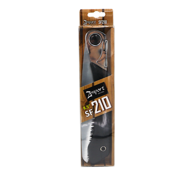 8.5-inch folding saw in retail packaging, ready for outdoor use.
