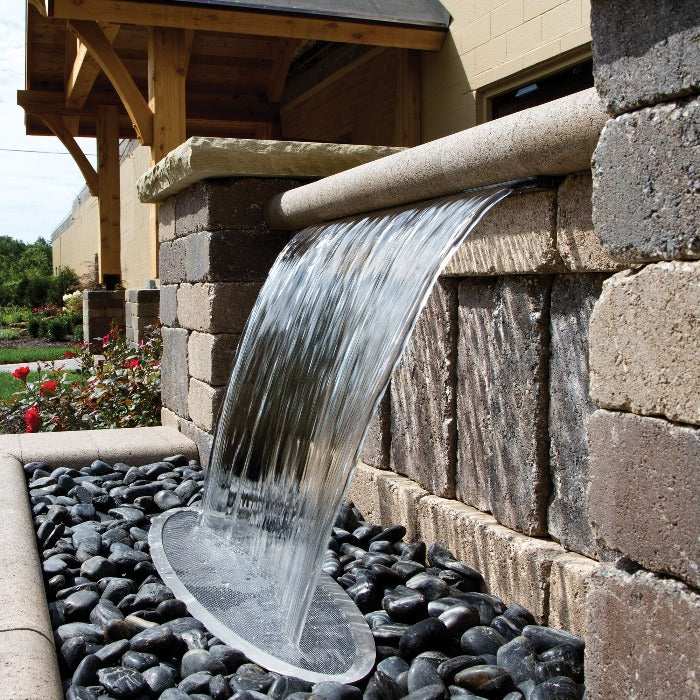 Stainless steel splash rings waterfall feature; sleek design with dark stones.
