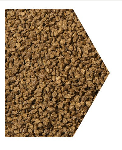 Brown granular all-season lawn fertilizer pellets.
