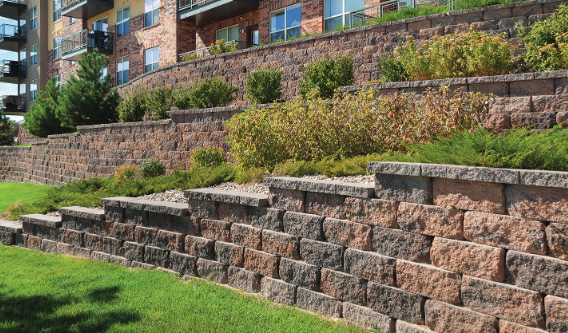 3" Rectangle Cap retaining wall blocks; multi-tone brown and grey for landscaping.
